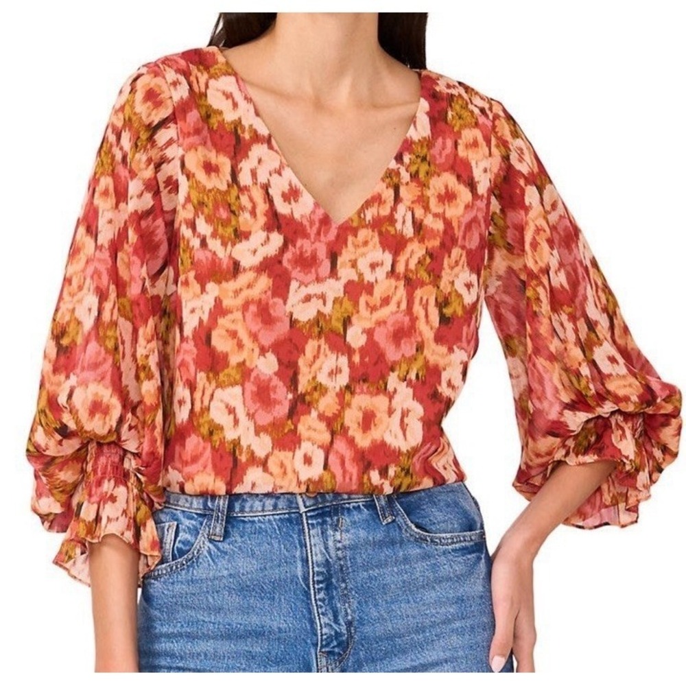 NWT Vince Camuto Blouse Womens Plus Size 1X V-Neck 3/4 Sleeve Smocked Floral